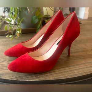 INC red faux suede heels size 8